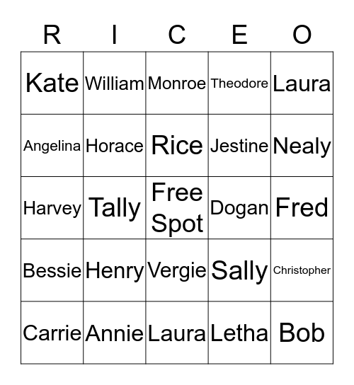Rice Family 2016 Bingo Card