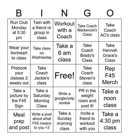 F45 Reynoldstown Bingo Card