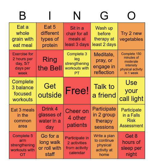 PT Month Wellness Challenge Bingo Card