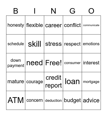 Independent Living Skills Bingo Card