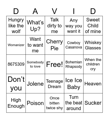 David's Top 100 Bingo Card