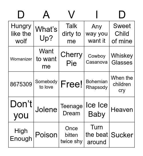 David's Top 100 Bingo Card