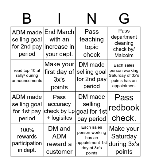 March Increase Bingo Card