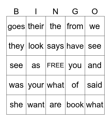 Heart Word Bingo Card