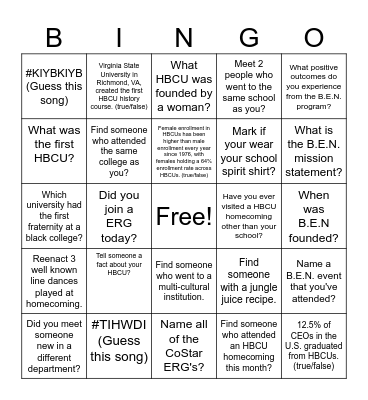 B.E.N Homecoming Bingo Card