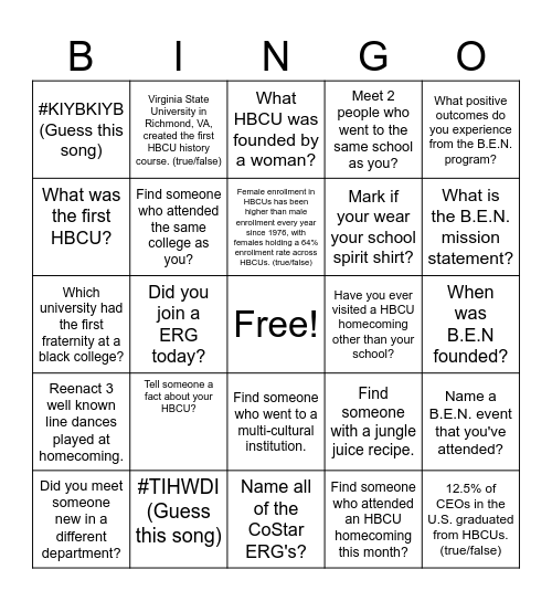 B.E.N Homecoming Bingo Card