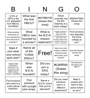 B.E.N Homecoming Bingo Card