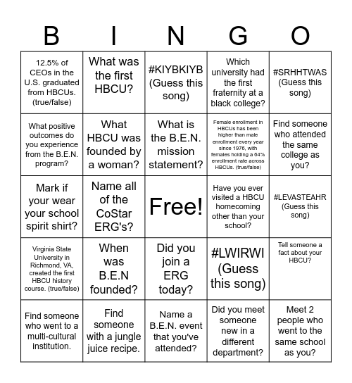 B.E.N Homecoming Bingo Card