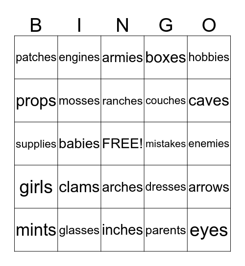 S/ES PLURALS:  VOWEL PATTERNS Bingo Card