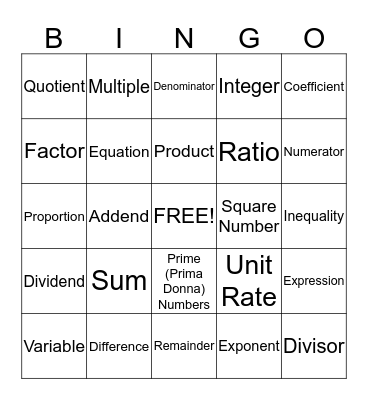 Math Vocabulary Bingo Card
