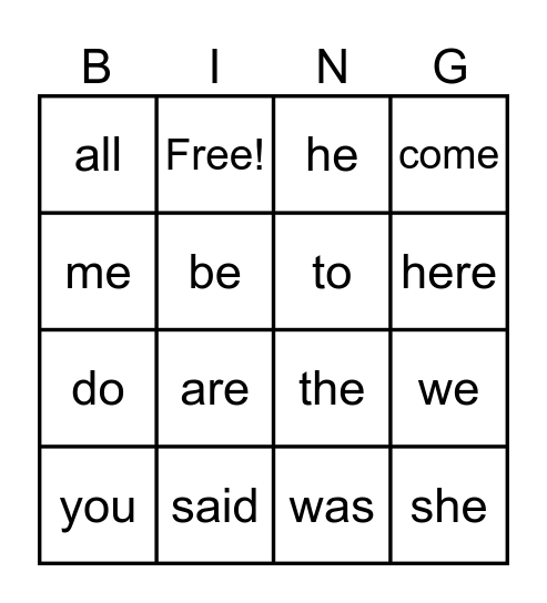 Tricky Words 1 to 18 Bingo Card