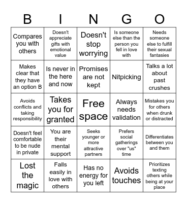 Relationship Red Flags Bingo Card