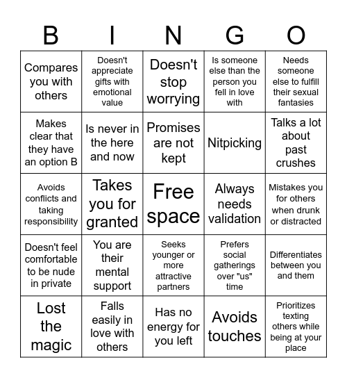 Relationship Red Flags Bingo Card