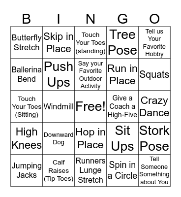 Girls on the Run Fitness Bingo Card