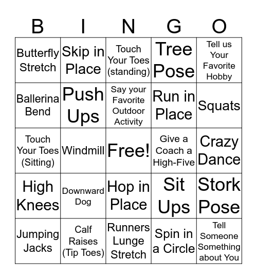 Girls on the Run Fitness Bingo Card