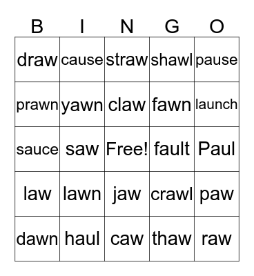 AW, AU Words Bingo Card