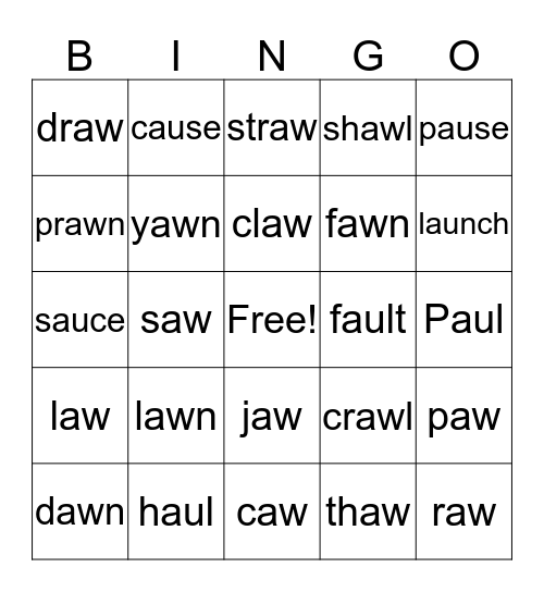 AW, AU Words Bingo Card