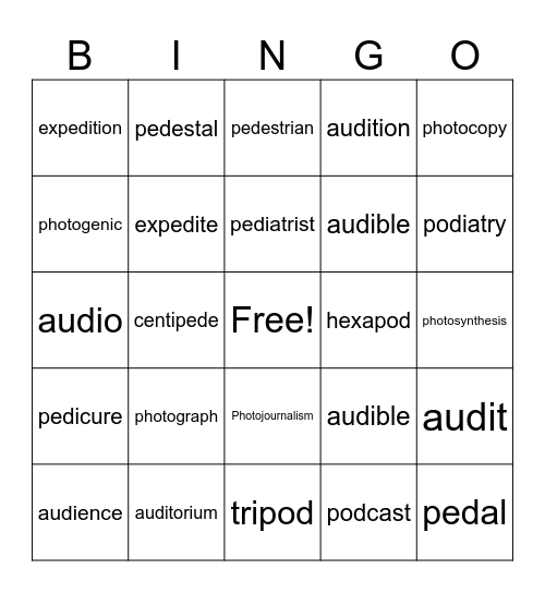 Root words Bingo Card