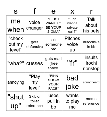 Sf bingo Card