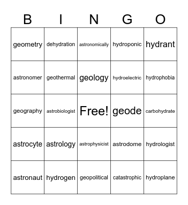 Root words Bingo Card