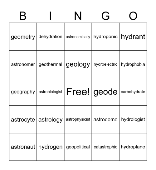 Root words Bingo Card