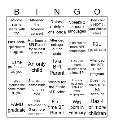 BPI Parent Mixer Bingo Card