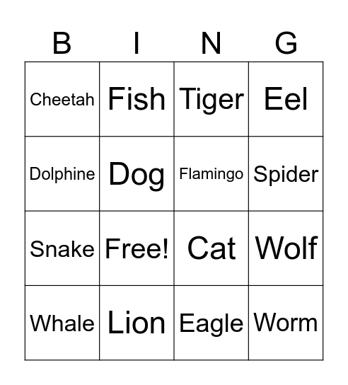 Which animals have four legs? Bingo Card