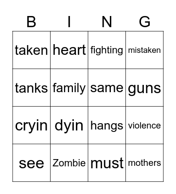 Bingo - Zombie (The Cranberries) Bingo Card