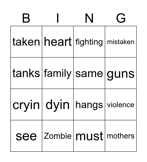 Bingo - Zombie (The Cranberries) Bingo Card