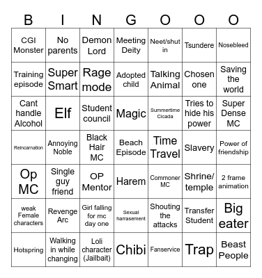 Generic Anime Bingo Card