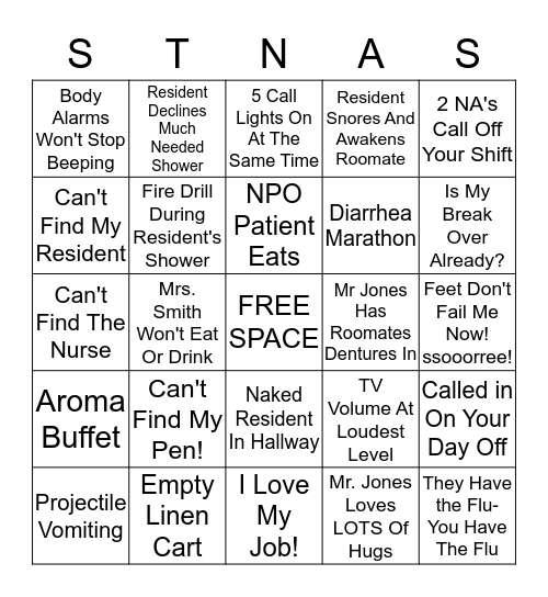 STNA'S* CARE* BINGO Card