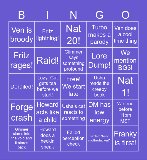 Ryleth Bingo Card