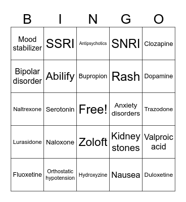 Mental Health Medications Bingo Card