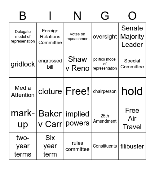 Congressional Powers, Structure, and Behavior Bingo Card