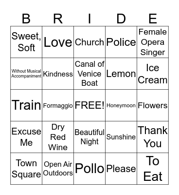 Italian Word Bingo Card