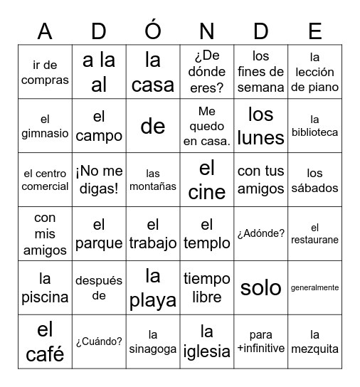 4A Vocabulario Bingo Card