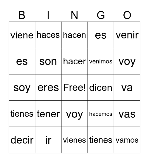 Irregular present tense BINGO Card