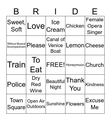 Italian Word Bingo Card