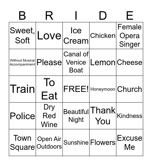 Italian Word Bingo Card