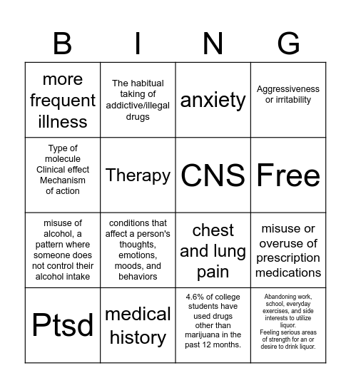 Substance Abuse BINGO Card