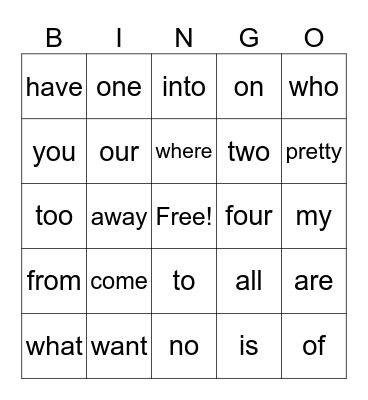 Heart Words Bingo Card