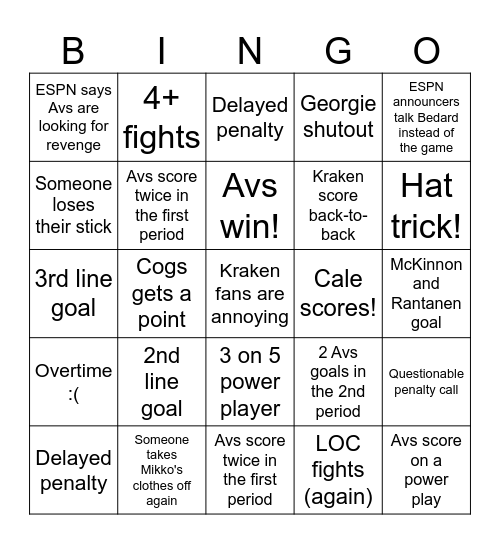 Avs vs Kraken Bingo Card