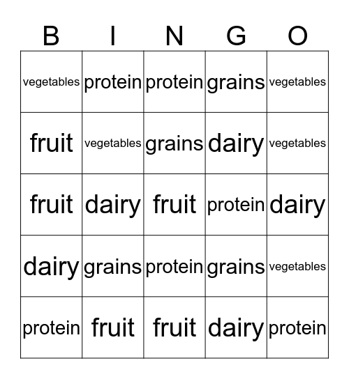 My Plate BINGO Card