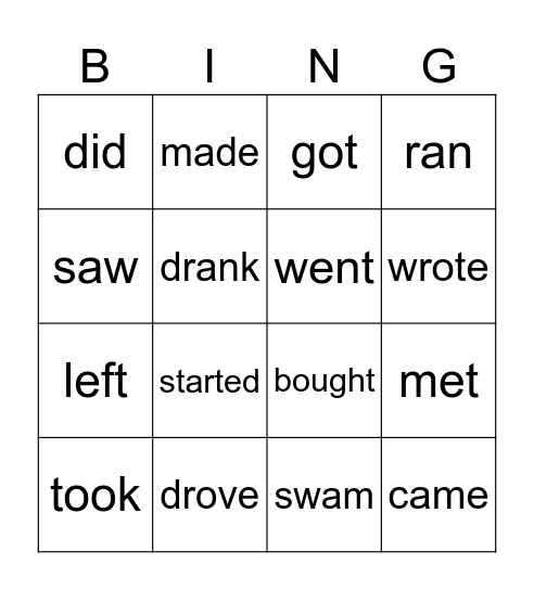 Past Simple Bingo Card