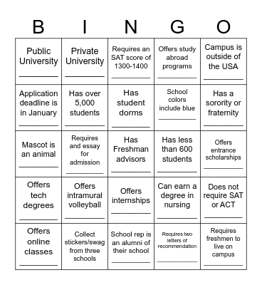 AEO University Tour- See whiteboard for house points Bingo Card