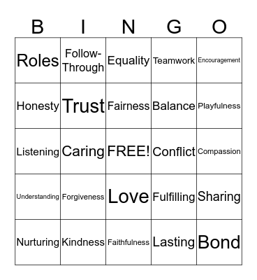 Relationship Bingo Card