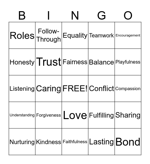 Relationship Bingo Card