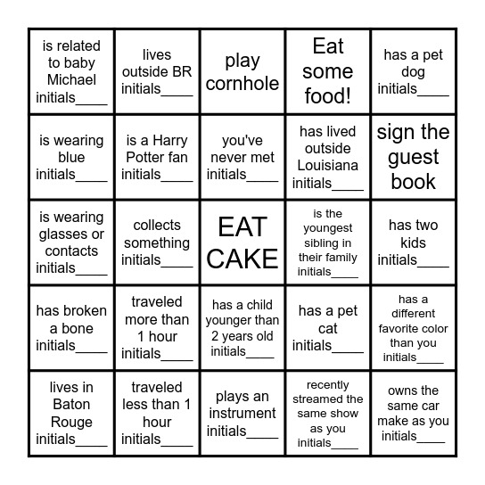 Party Bingo! Talk to Someone Who: Bingo Card