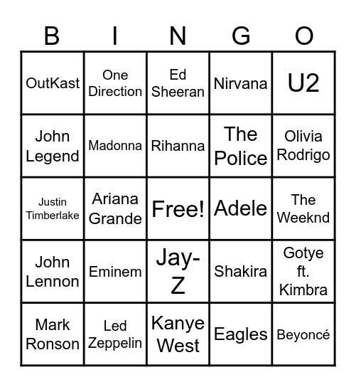 Musical Bingo Card