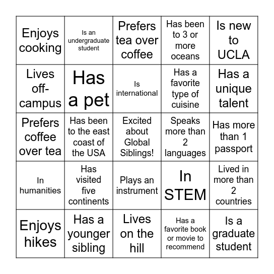 Global Siblings Fam Bingo Card